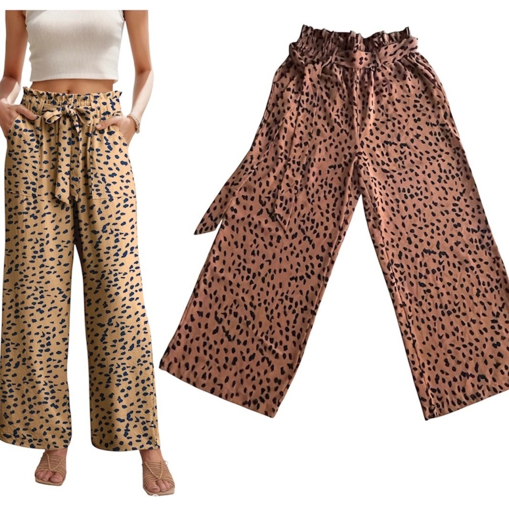 Women Wide Leg Palazzo paper bag Pants High Waist Belted‎ Leopard Print Large